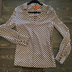 Tory Burch Silk Herringbone Blouse 2 black white